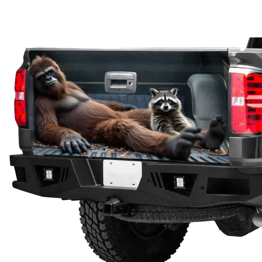 Sasquatch tailgate wrap featuring Bigfoot and raccoon lounging in a truck bed for car decor