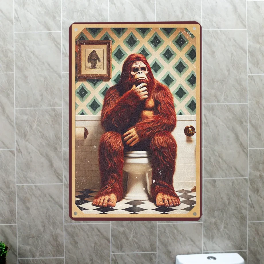 Sasquatch thinking on toilet tin sign for humorous Bigfoot bathroom wall decor