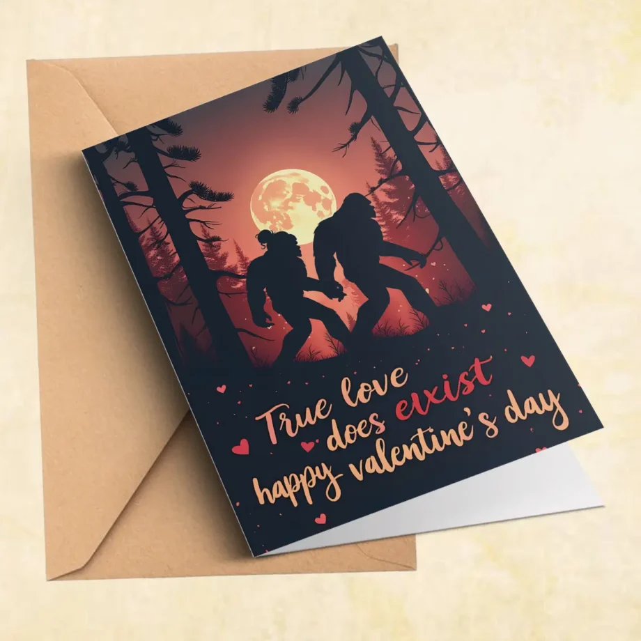 Sasquatch Valentine's Day card with Bigfoot couple holding hands in a forest under a moon