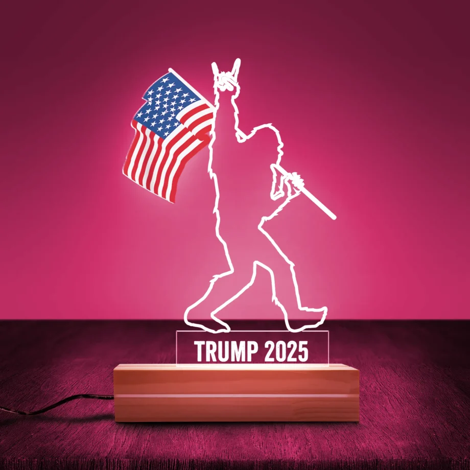 Bigfoot Trump 2025 night light featuring Sasquatch with American flag and rock-and-roll gesture