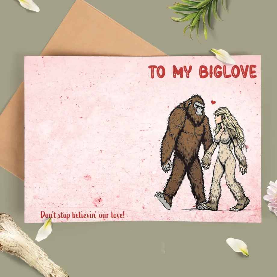 BigLove Sasquatch Valentine's card with romantic Bigfoot couple sharing a heartfelt moment