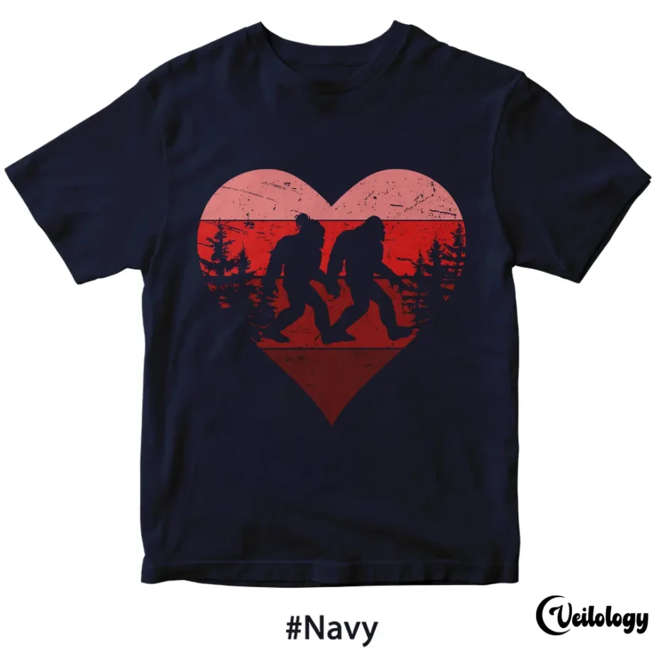 Valentine's Day Bigfoot couple t-shirt with romantic retro heart design