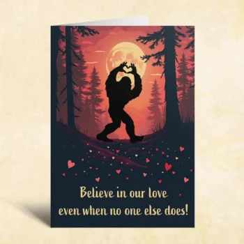 Sasquatch Valentines Day card featuring Bigfoot making a heart gesture in a moonlit forest.