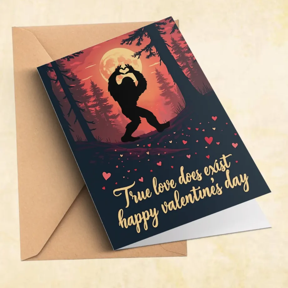 True love Bigfoot Valentine's card featuring Sasquatch making a heart under a glowing moon