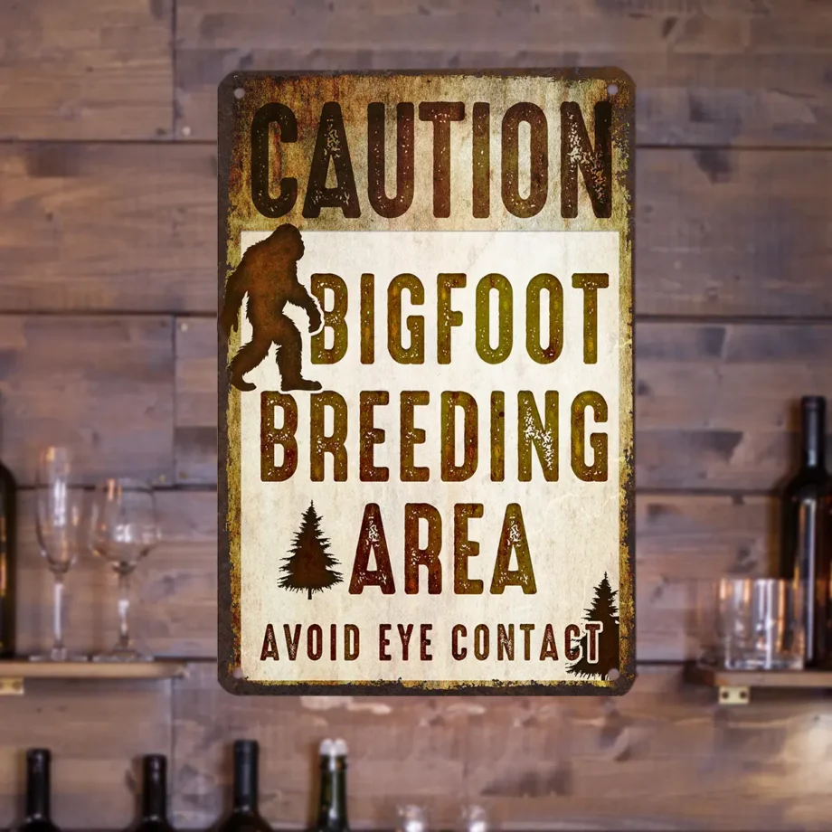 Sasquatch warning tin sign with 'Breeding Area' caution for vintage yard decor