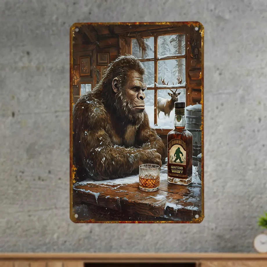 Introvert Bigfoot whiskey tin sign with rustic Sasquatch in a snowy cabin setting