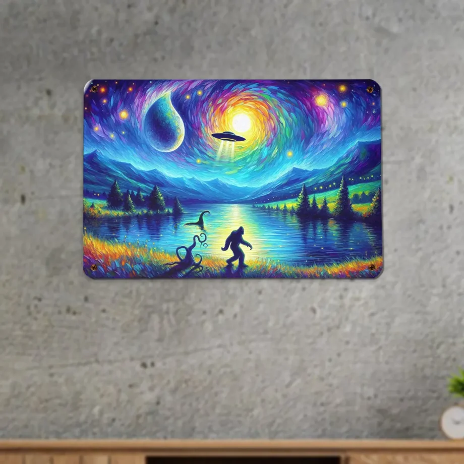 Bigfoot, Loch Ness, and UFO metal tin sign with Van Gogh Starry Night inspired design