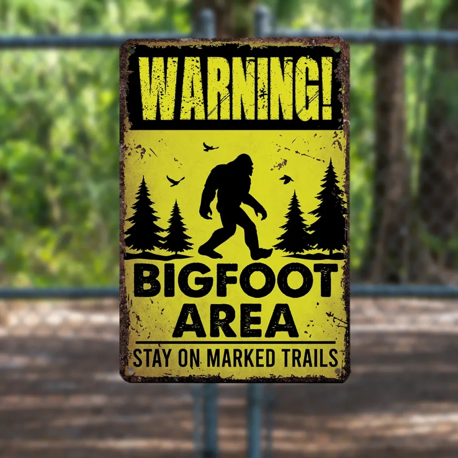 Stay on Marked Trails Bigfoot sign with warning message and Sasquatch silhouette