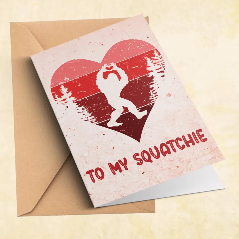 Retro Bigfoot Valentines Day card with Sasquatch forming a heart and 'To My Squatchie' quote