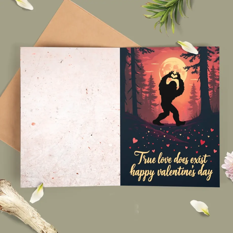 Sasquatch Valentine's card with a playful Bigfoot forming a heart under a moonlit sky