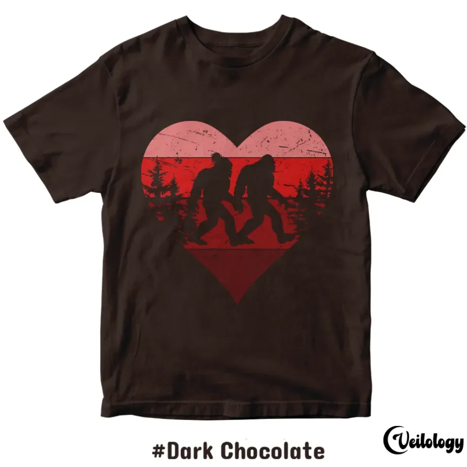 Retro Bigfoot couple matching Valentine's Day shirt with Sasquatch heart design