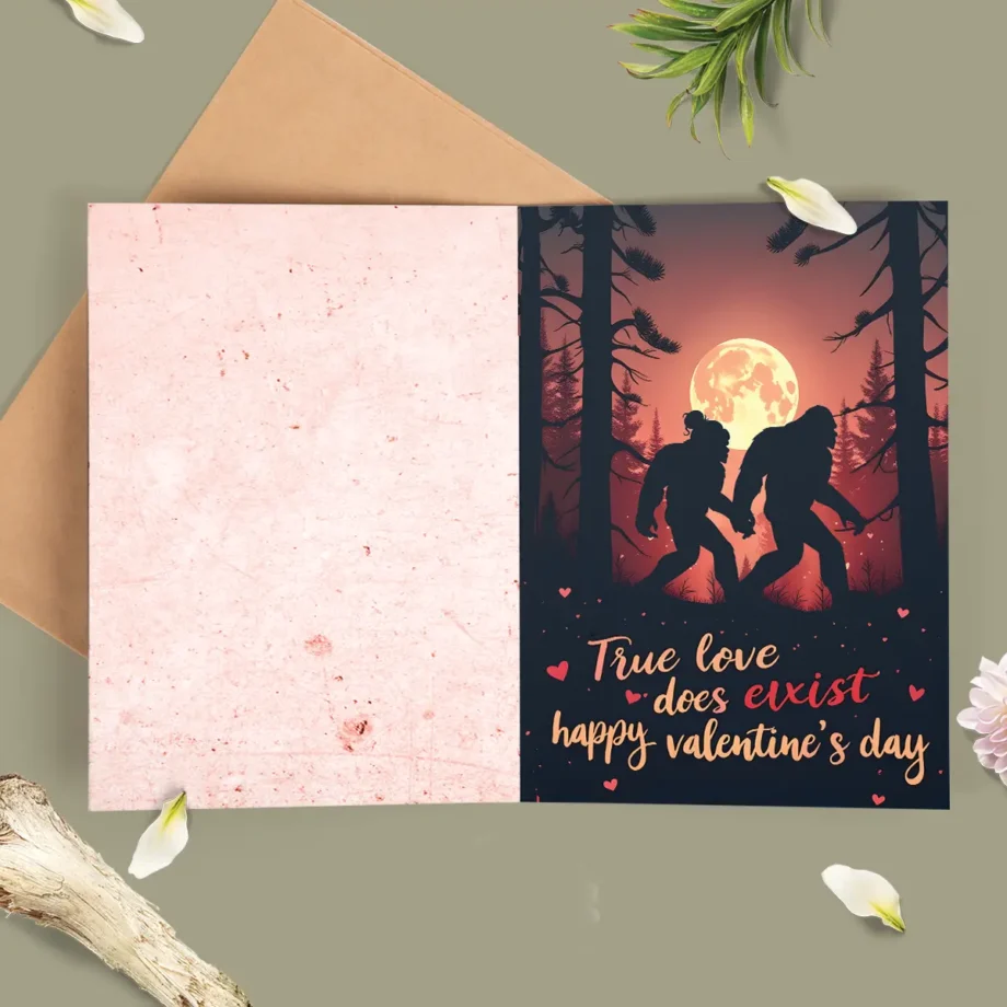 Valentine's Day card featuring Bigfoot couple in a romantic forest scene with true love quote