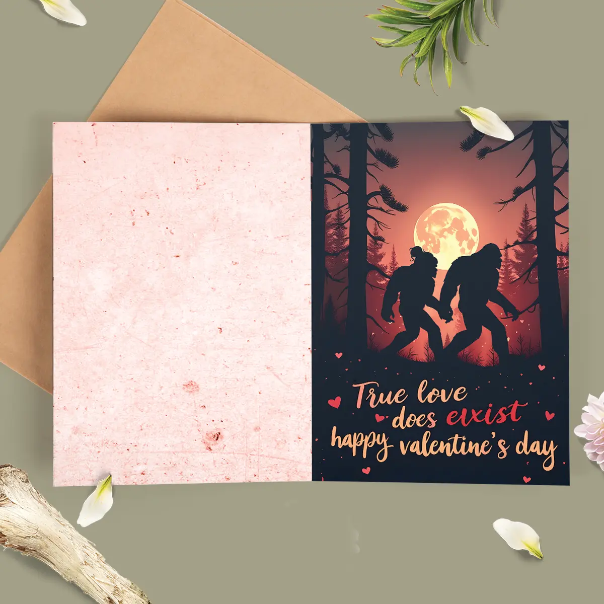 Personalized Valentine's Day card featuring two Bigfoot silhouettes holding hands under a full moon in a forest, with the text 'True love does exist, happy Valentine's Day' surrounded by small hearts