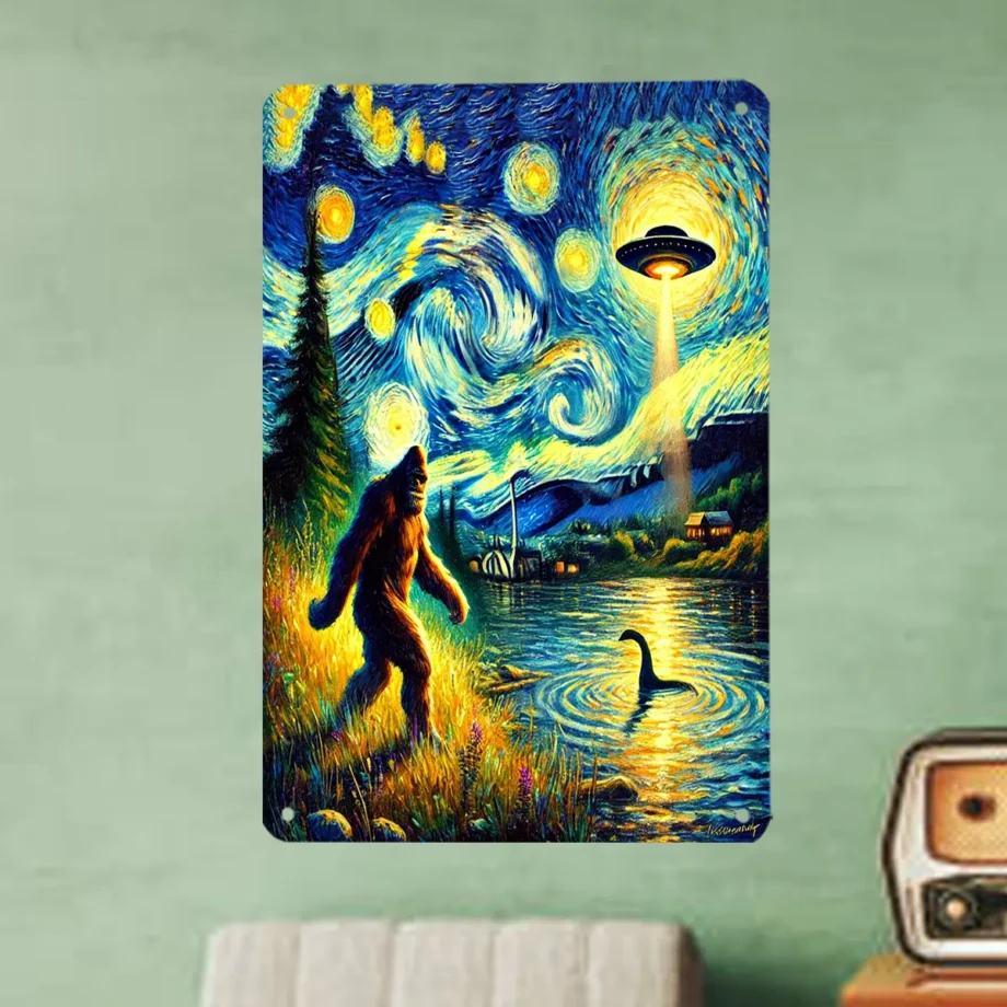 Bigfoot, UFO, and Loch Ness Monster metal tin sign inspired by Van Gogh Starry Night