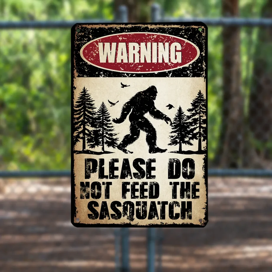 Vintage Bigfoot tin sign with warning 'Do Not Feed Sasquatch' for yard decor